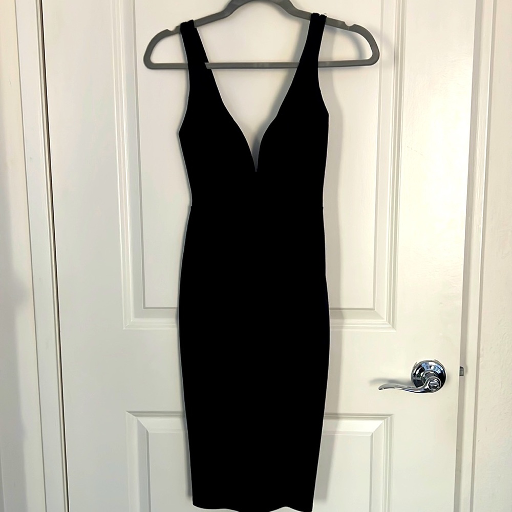 Lulu’s Black Midi Dress with a plunging V neck line